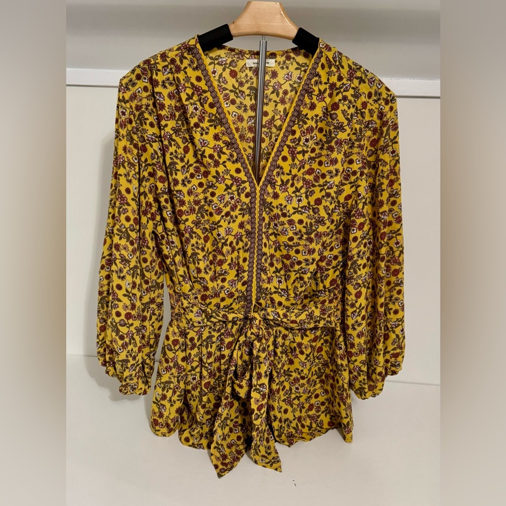Max Studio Yellow‎ Boho Floral Tie Waist Smocked V-Neck Women's Blouse XL